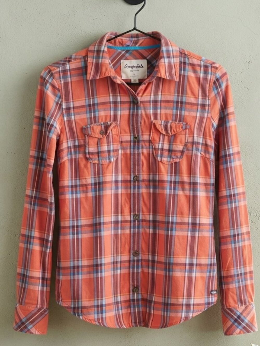 Aeropostale Signature Coral Teal Plaid Button Down Flannel Shirt Women's L Cotto